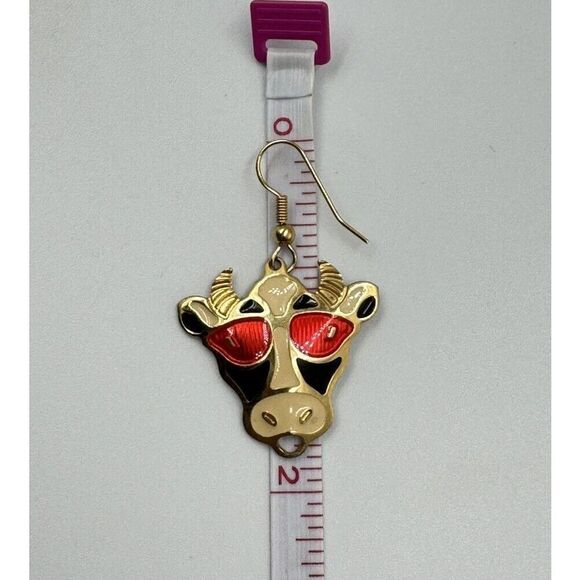 Vintage Edgar Berebi Gold Tone Enamel Cow Sunglasses Dangle Pierced Earrings - Picture 6 of 6